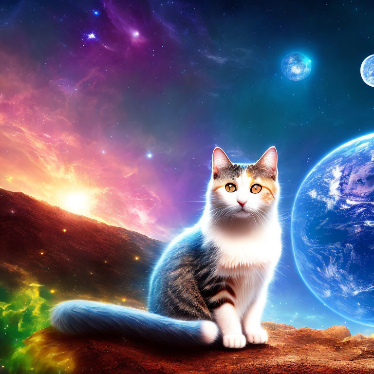 Cat sitting on rocky surface with cosmic backdrop of colorful nebulae, stars, and planets.