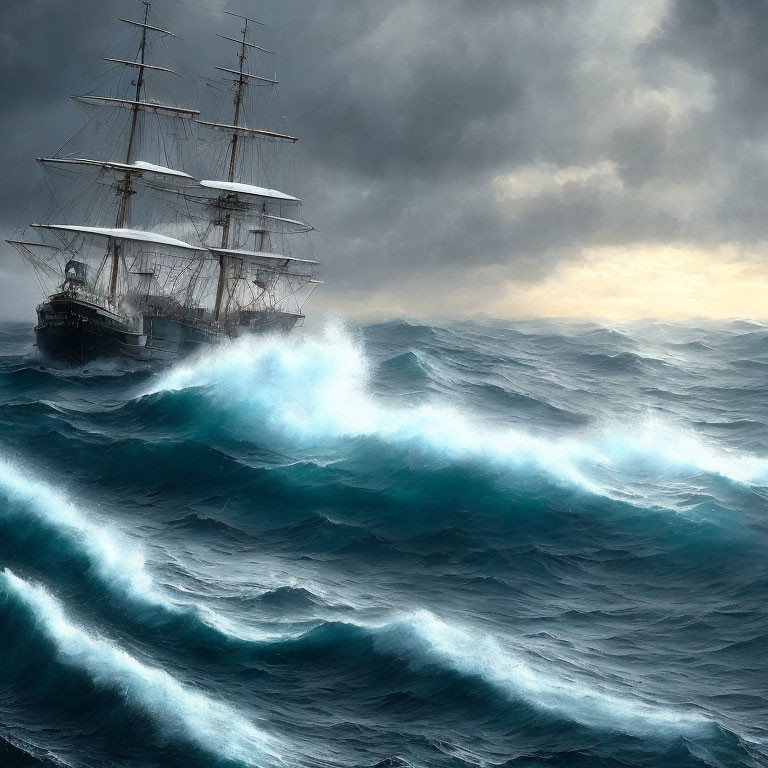 Tall Ship Sailing Through Stormy Seas