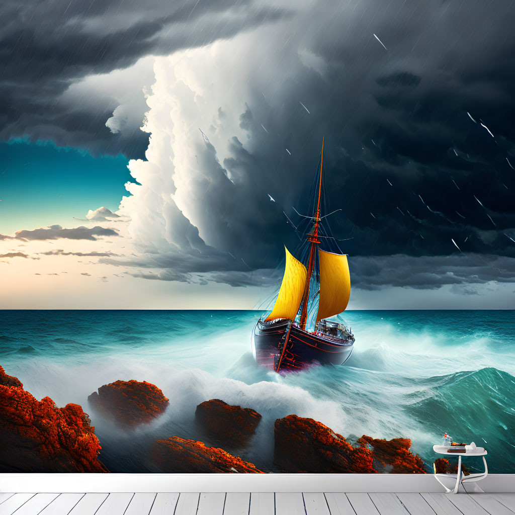 Yellow-sail sailboat in stormy seas near rocky shores under dramatic sky