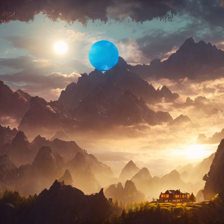 Surreal landscape with blue planet, sunlit mountains, and lone house