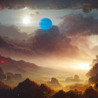 Surreal landscape with blue planet, sunlit mountains, and lone house