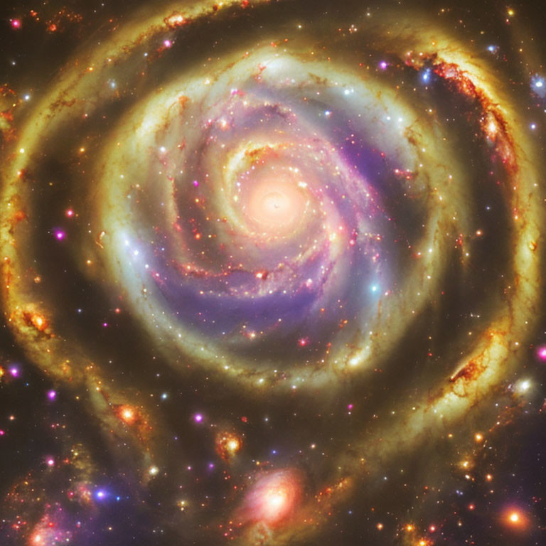 Spiral Galaxy with Star Clusters and Nebulae in Dark Cosmos