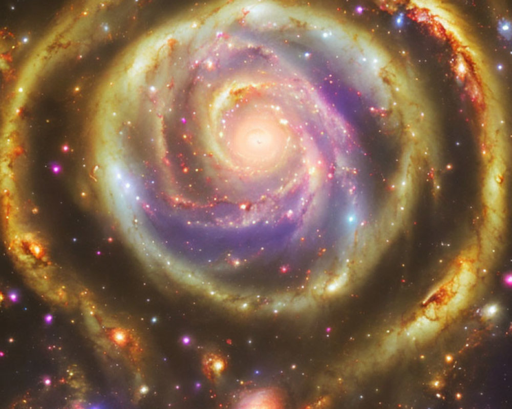 Spiral Galaxy with Star Clusters and Nebulae in Dark Cosmos