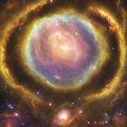Spiral Galaxy with Star Clusters and Nebulae in Dark Cosmos