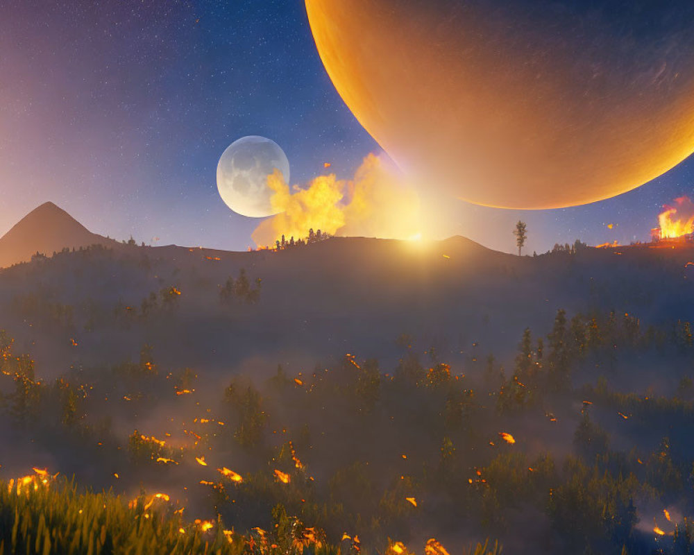Fantastical twilight landscape with large planet, moon, fiery vistas, and flora