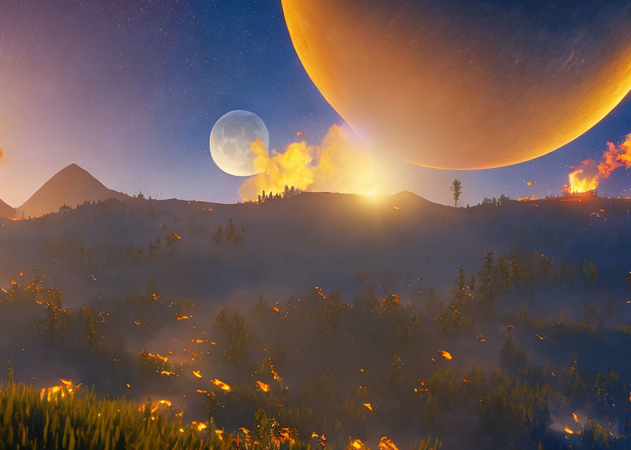 Fantastical twilight landscape with large planet, moon, fiery vistas, and flora