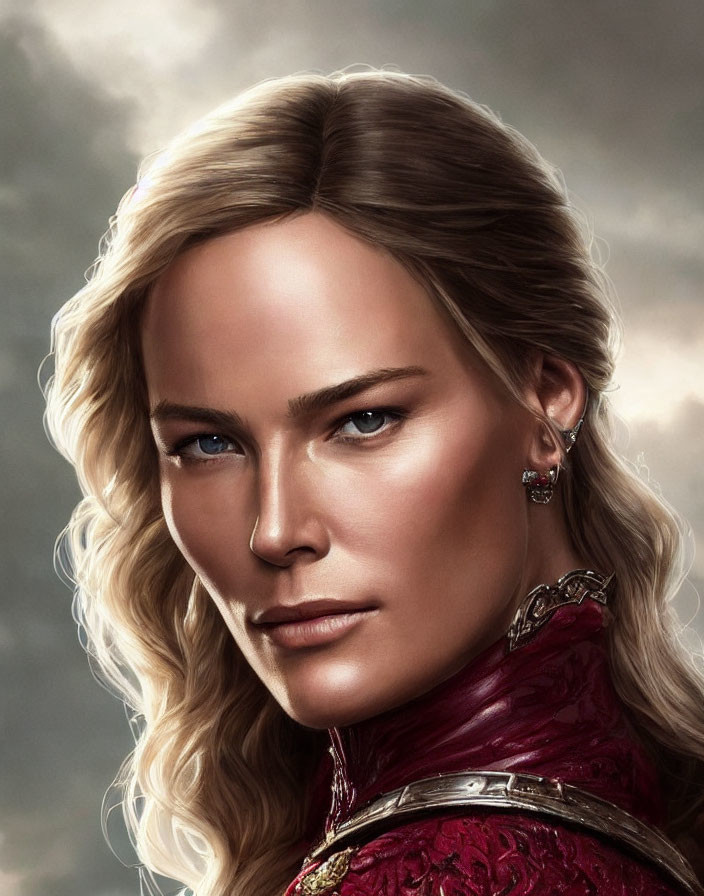Blonde Woman in Red Armor with Blue Eyes Portrait