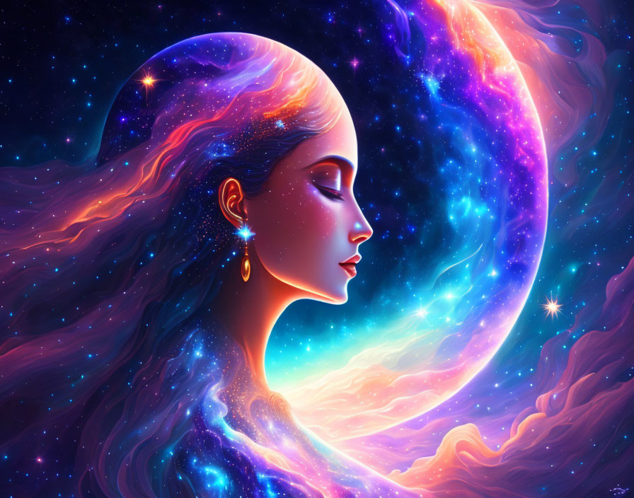 Woman's Side Profile Silhouetted with Space and Stars on Cosmic Background