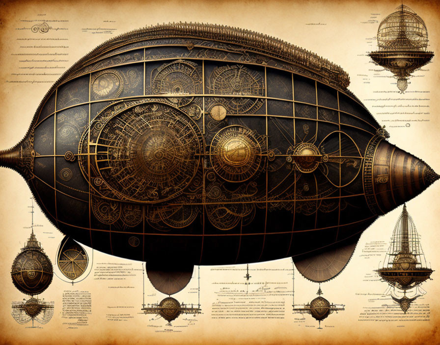 Steampunk-style airship with intricate mechanical designs on old-world map.