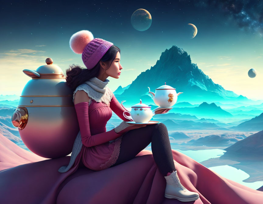 Surreal mountains backdrop with woman serving tea in warm clothing