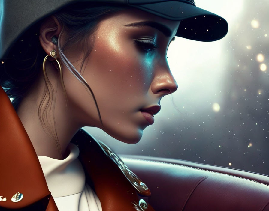 Digital portrait of woman with glossy skin in cap and leather jacket against starry cosmic background