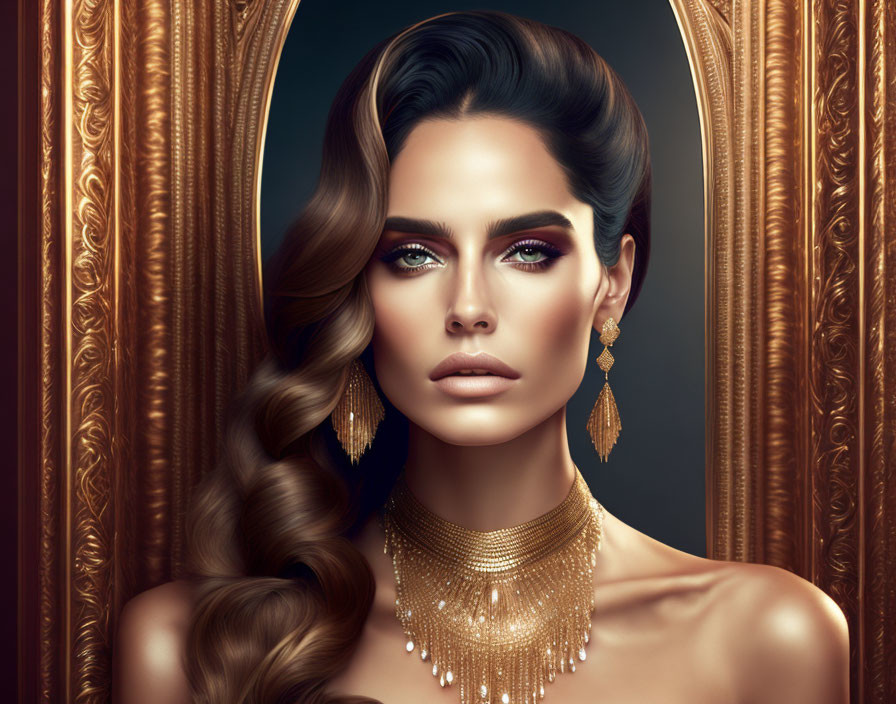 Elaborate Makeup, Wavy Hair, and Gold Jewelry Portrait in Ornate Frame