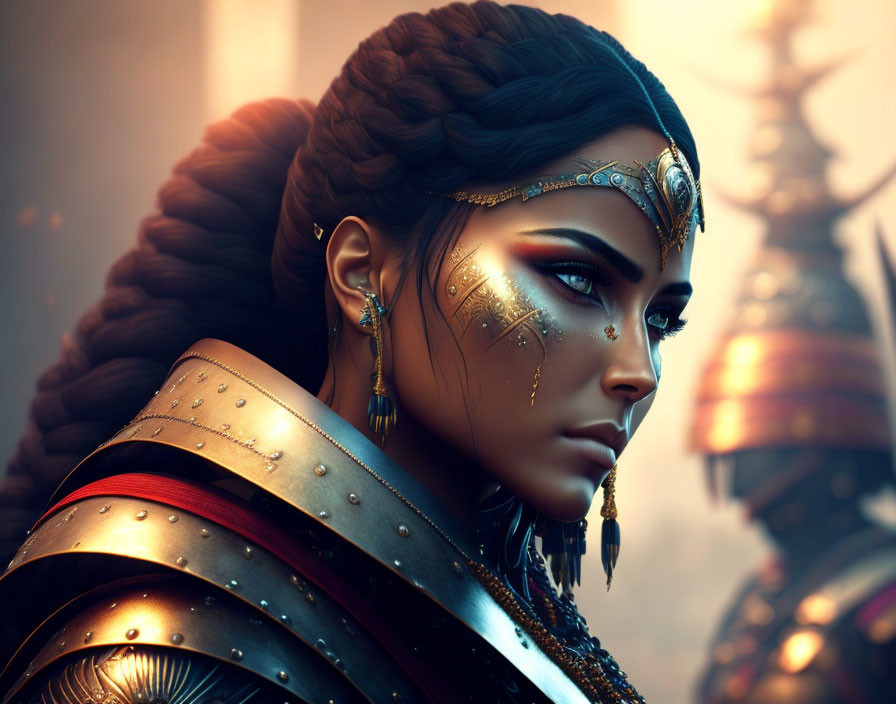 Digital artwork of woman in braided hair and ornate armor with gold accents against blurred fantasy backdrop