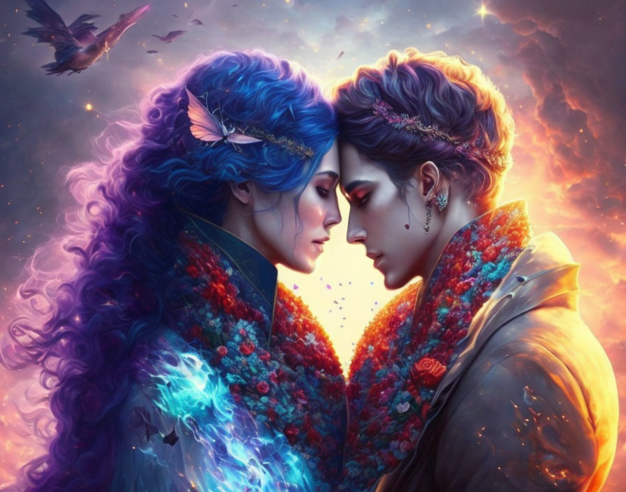 Fantasy characters with blue and purple hues in cosmic setting