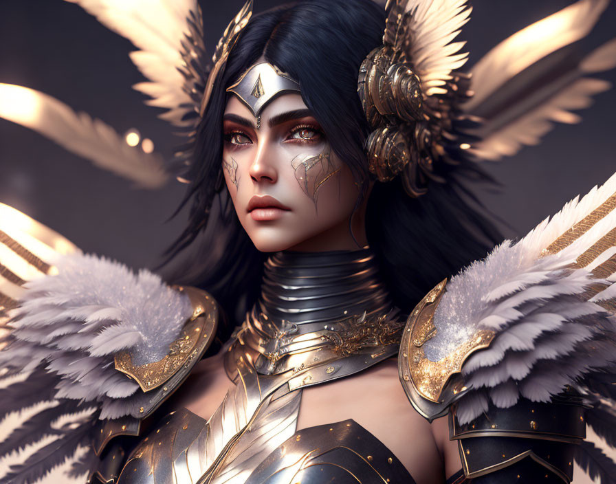 Female warrior digital art: Angelic wings, golden armor, ethereal beauty, feathers, mystical ambiance