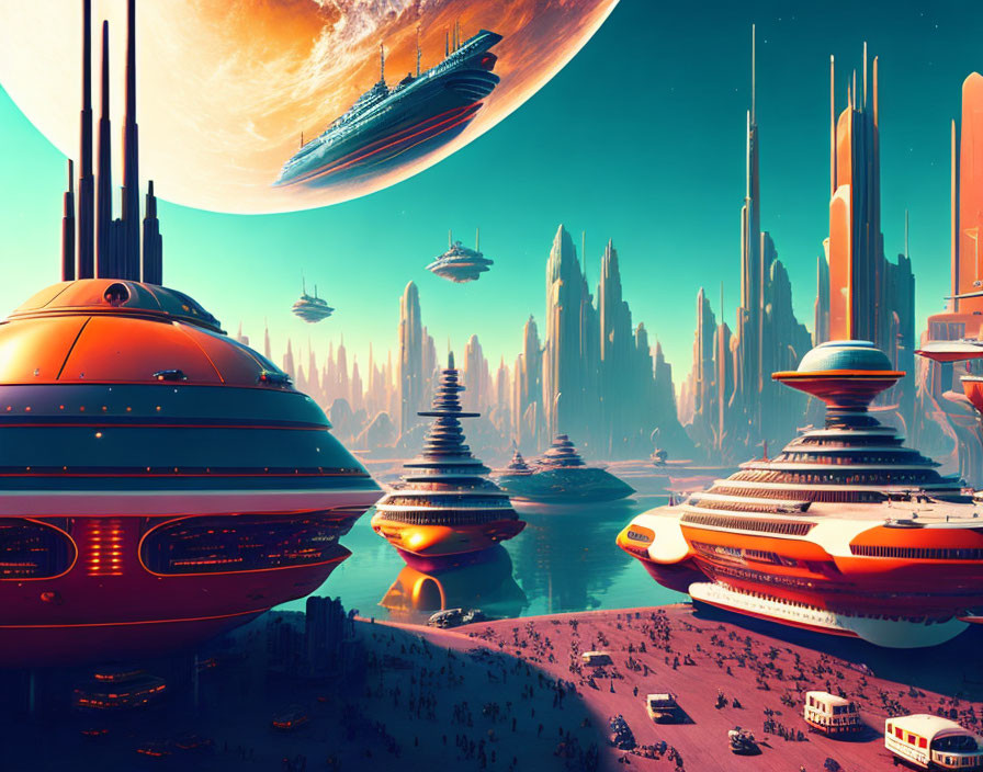 Futuristic cityscape with towering spires and flying vehicles against a planetary sky