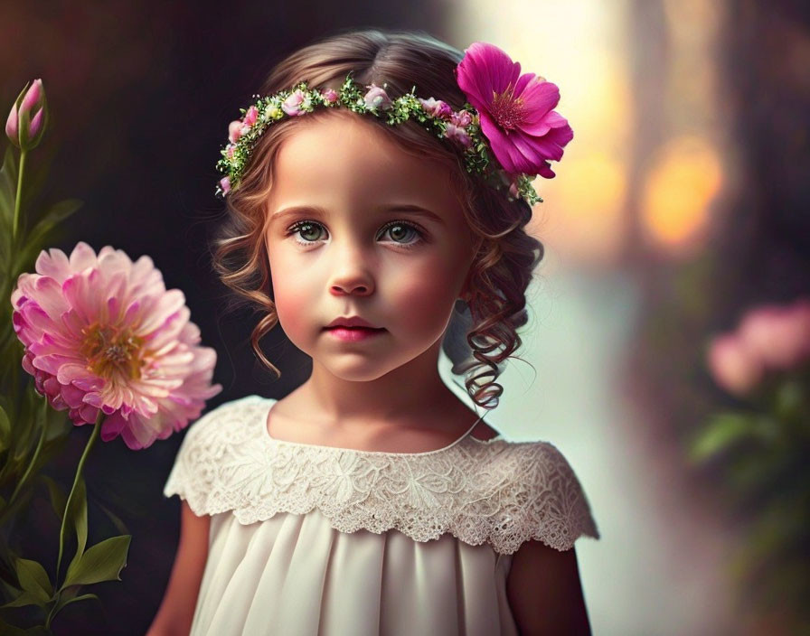 Curly-Haired Girl in White Dress with Floral Headband Among Flowers