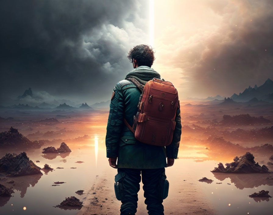 Person with backpack in apocalyptic landscape under dramatic sky