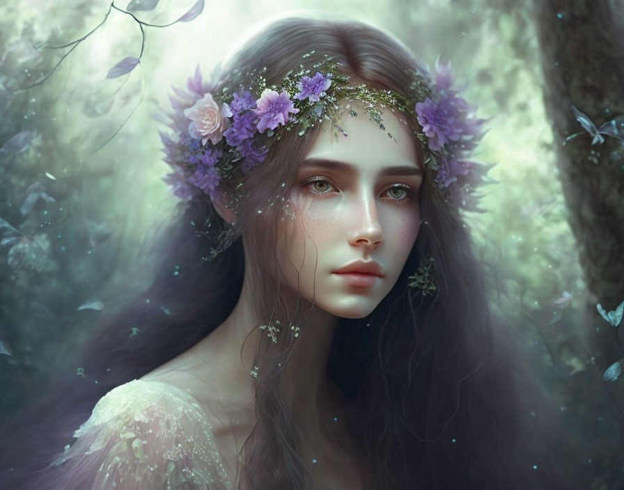 Ethereal woman in floral crown in mystical forest scene