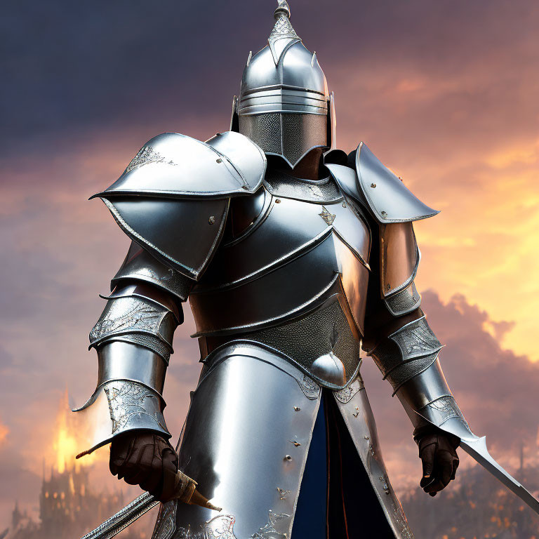 Knight in Shining Armor with Sword Against Sunset and Castle Silhouette