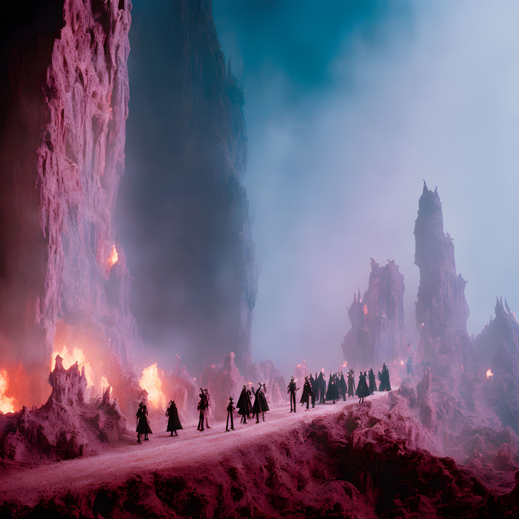 Mystical cloaked figures in icy landscape with pink fires