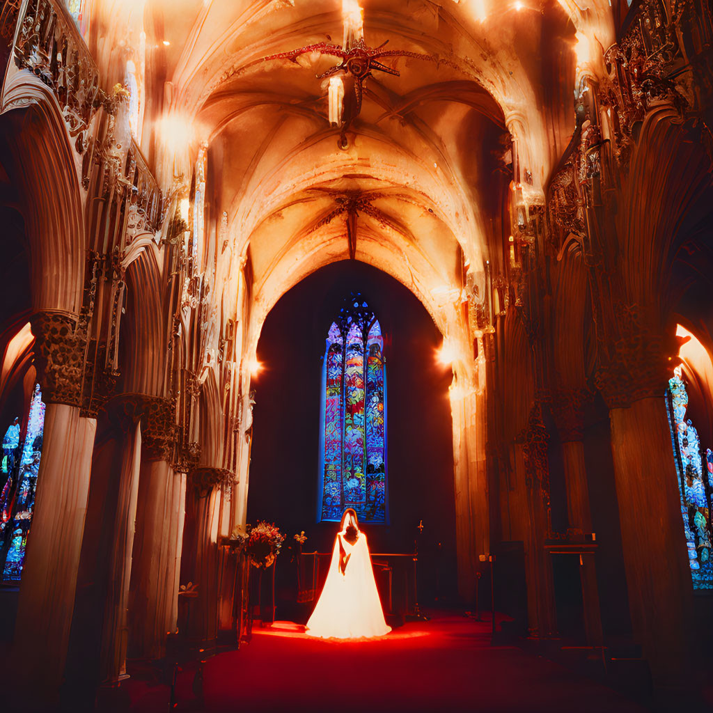 Bride in ornate church with warm light and Gothic architecture