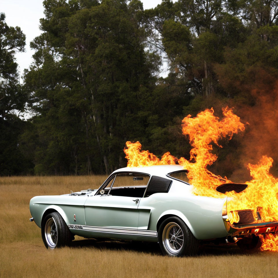 Vintage Green Mustang Car Engulfed in Flames on Grass Field