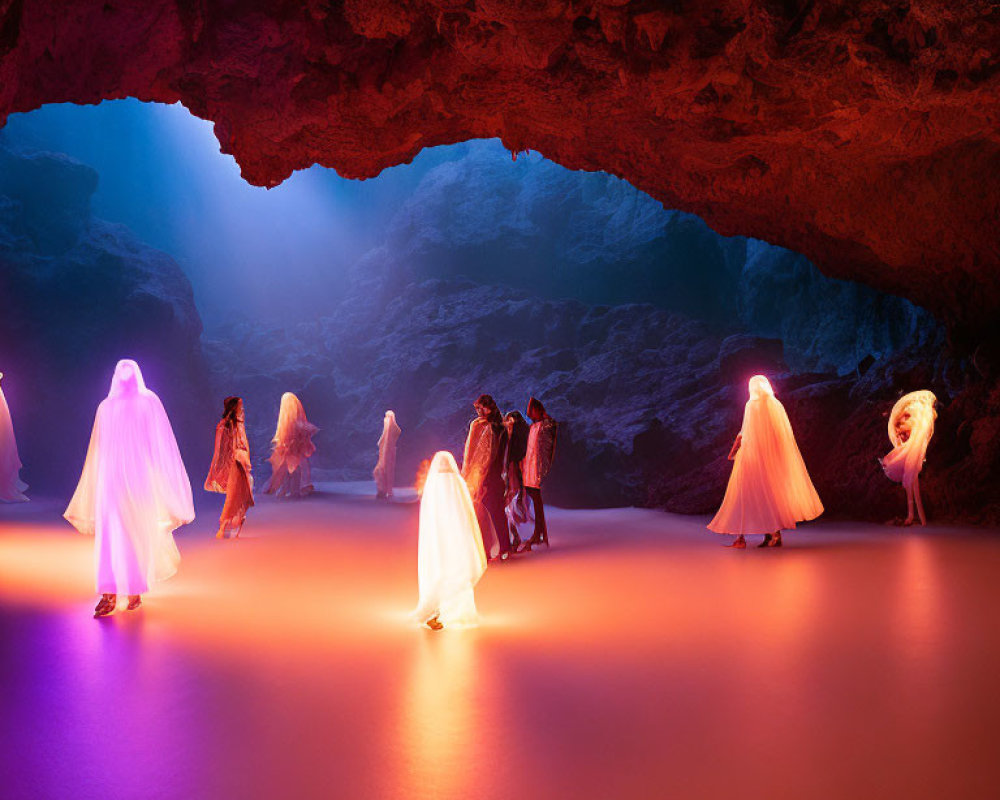 Diverse Outfits in Colorful Cave with Purple and Orange Lighting