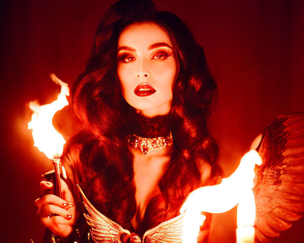 Woman with dramatic makeup and winged outfit holding flaming torches in fiery setting