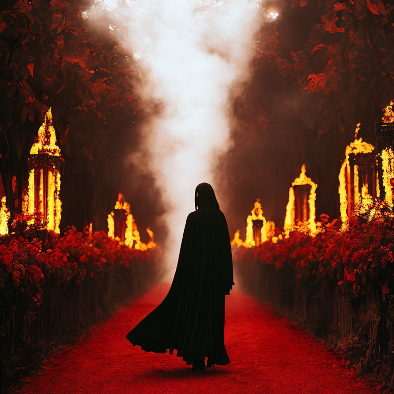 Cloaked figure on misty, red path with lanterns and foliage