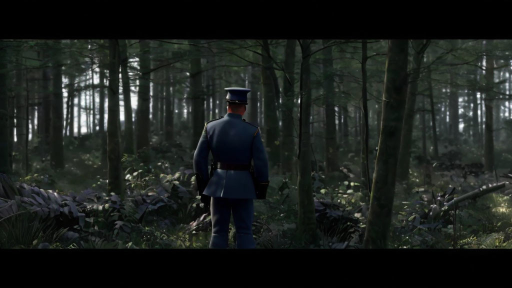 Uniformed officer in dense forest with sunlight filtering through trees