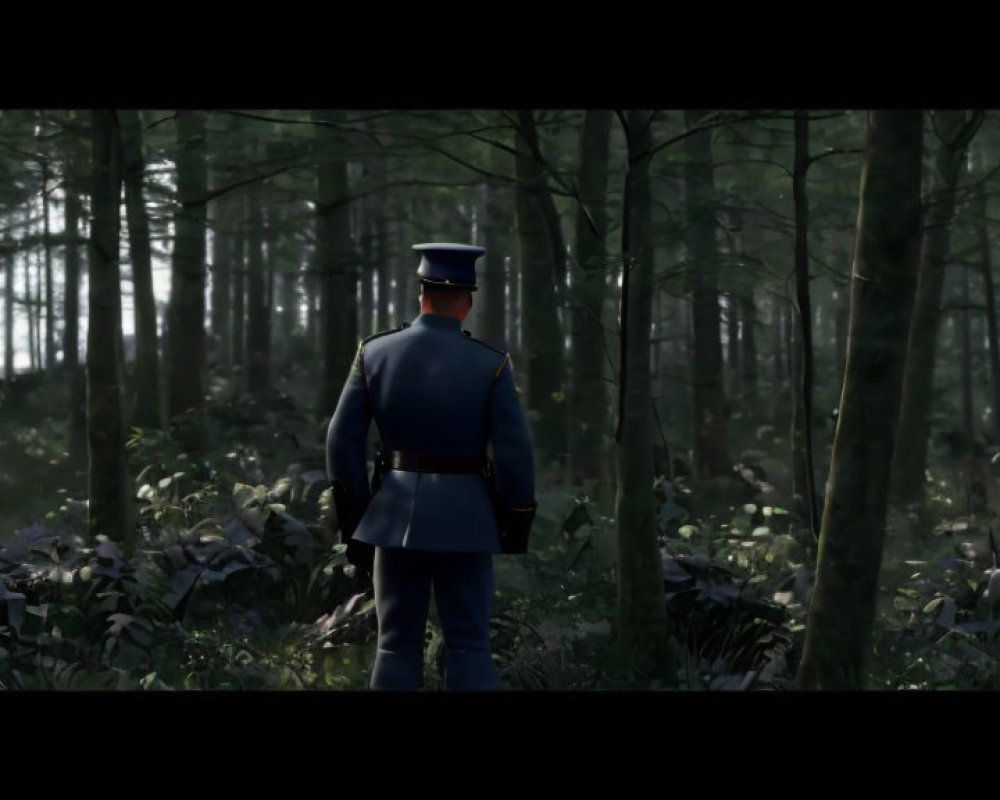 Uniformed officer in dense forest with sunlight filtering through trees