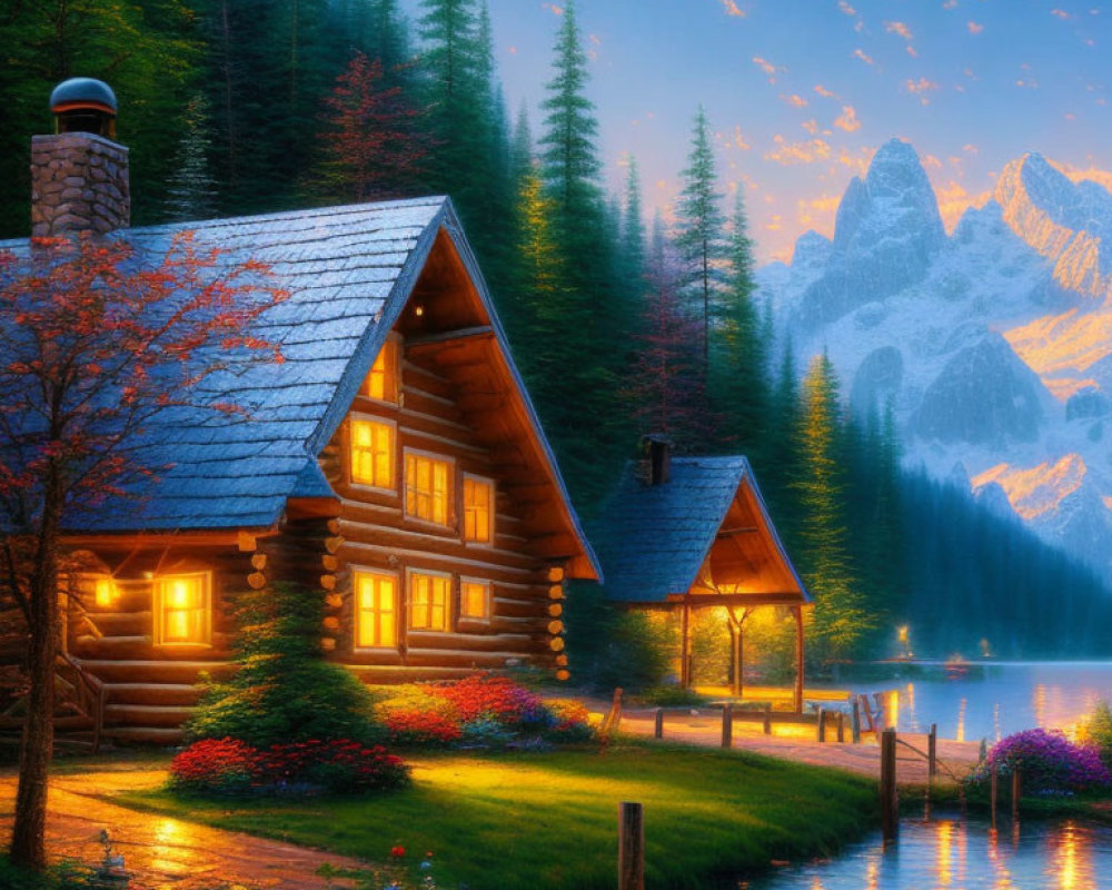 Rustic log cabin by lake with glowing windows at sunrise or sunset