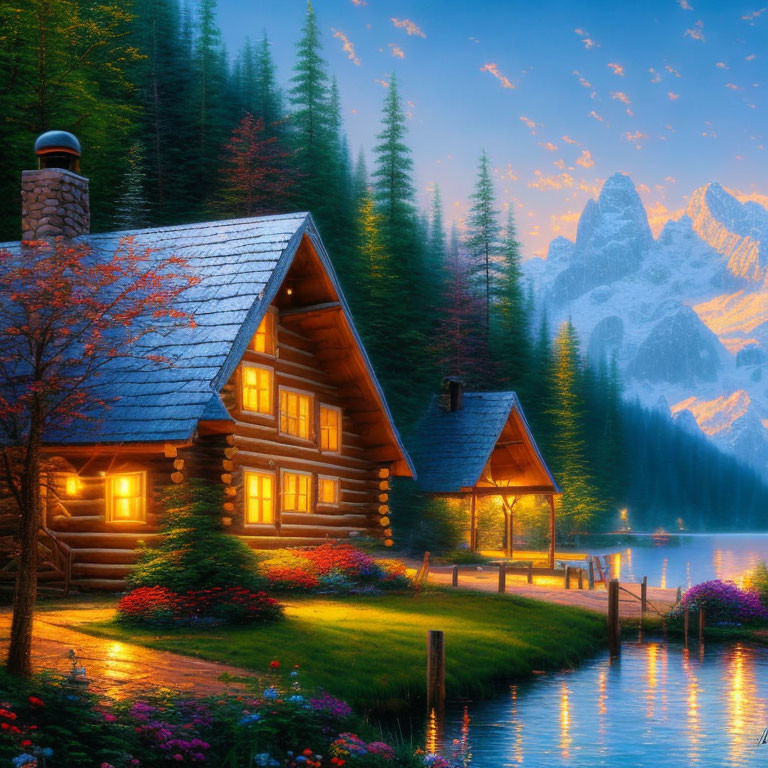 Rustic log cabin by lake with glowing windows at sunrise or sunset