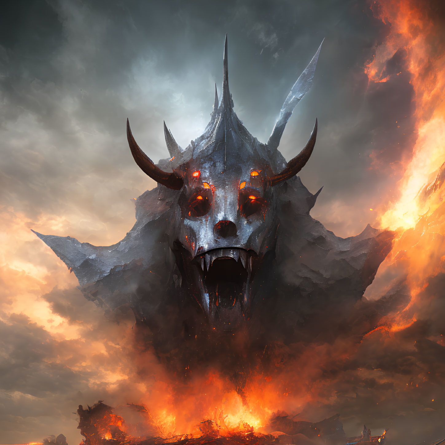 Gigantic demonic head with horns and glowing eyes in fiery clouds