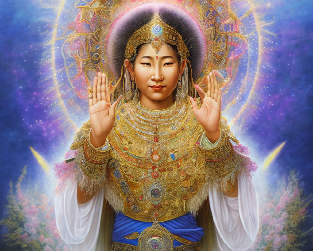 Ornate Golden Attire Figure in Peaceful Gesture