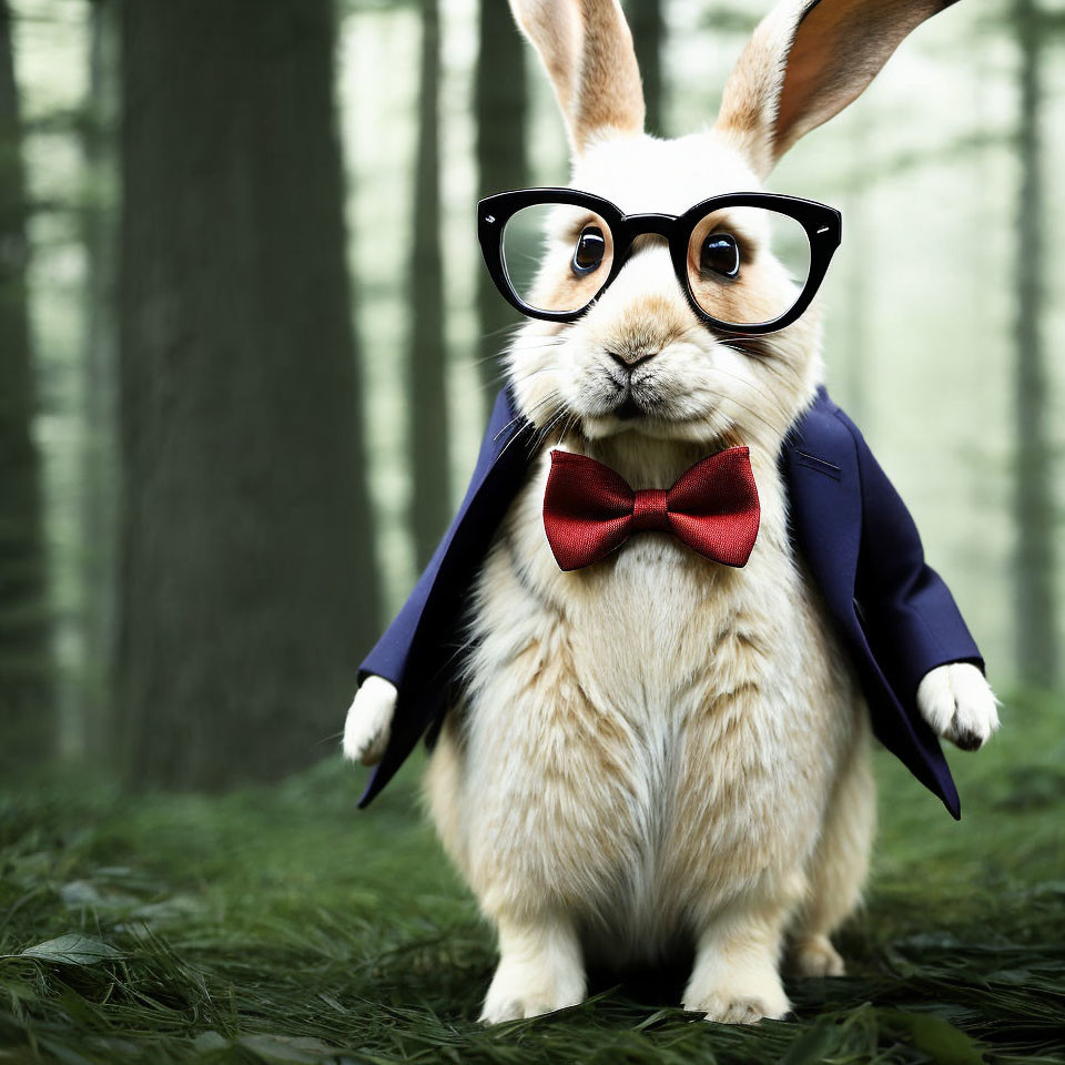 Anthropomorphized rabbit in glasses, red bow tie, blue suit in forest