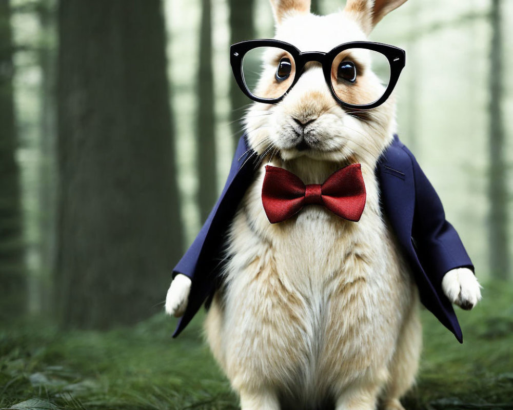 Anthropomorphized rabbit in glasses, red bow tie, blue suit in forest