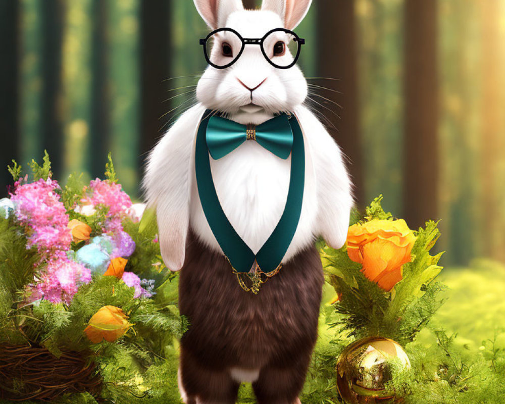 Anthropomorphic rabbit in vest and tie with flowers and golden egg in forest.