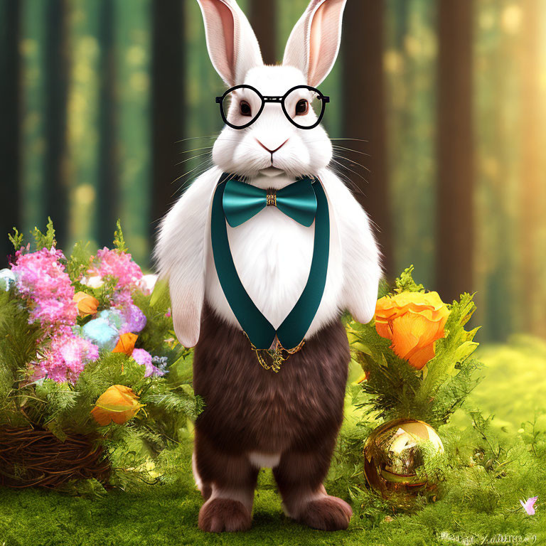 Anthropomorphic rabbit in vest and tie with flowers and golden egg in forest.