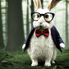 Anthropomorphized rabbit in glasses, red bow tie, blue suit in forest