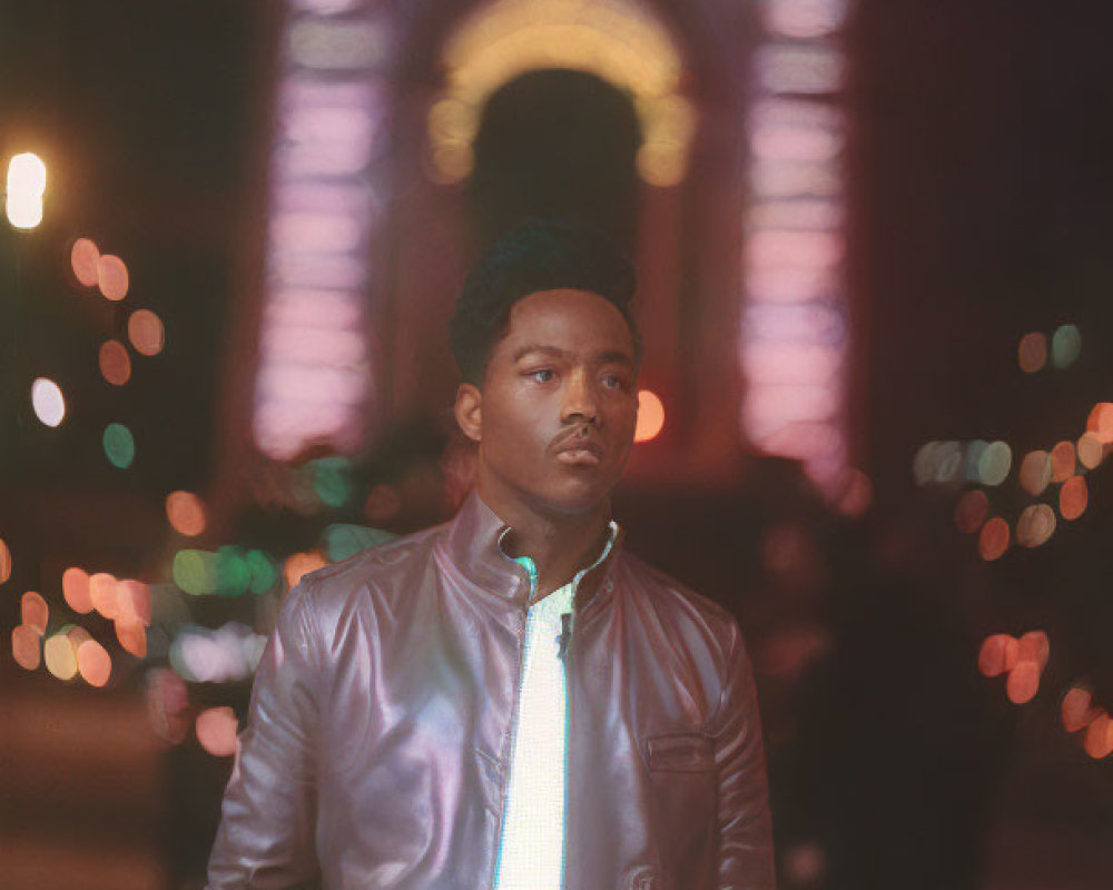 Shiny jacket-wearing youth under night archway with bokeh lights