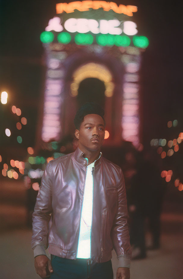 Shiny jacket-wearing youth under night archway with bokeh lights