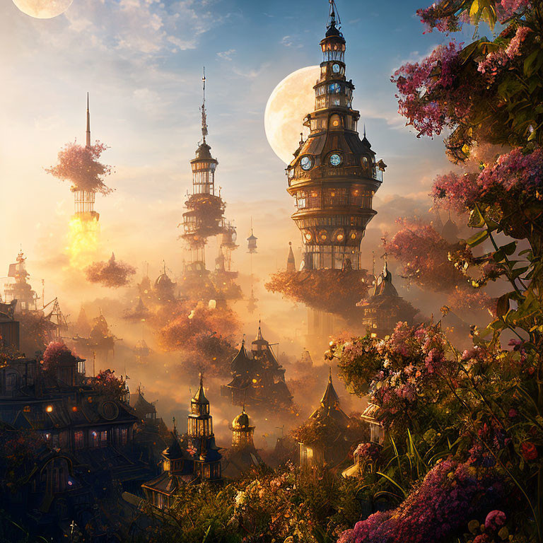 Fantastical sunset cityscape with towering spires and blossoming flowers