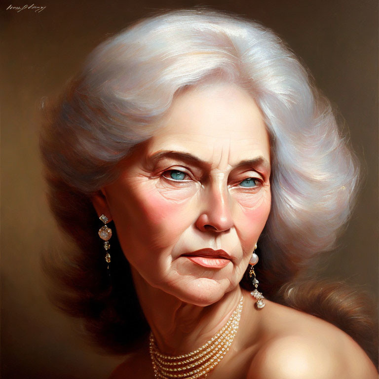 Realistic portrait of elegant older woman with white hair and blue eyes