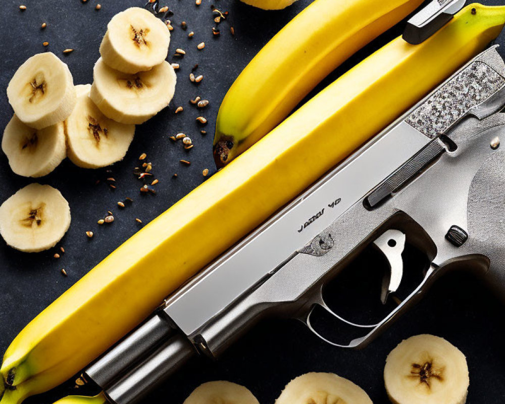 Yellow Bananas and Metallic Handgun with Slices and Seeds on Dark Surface