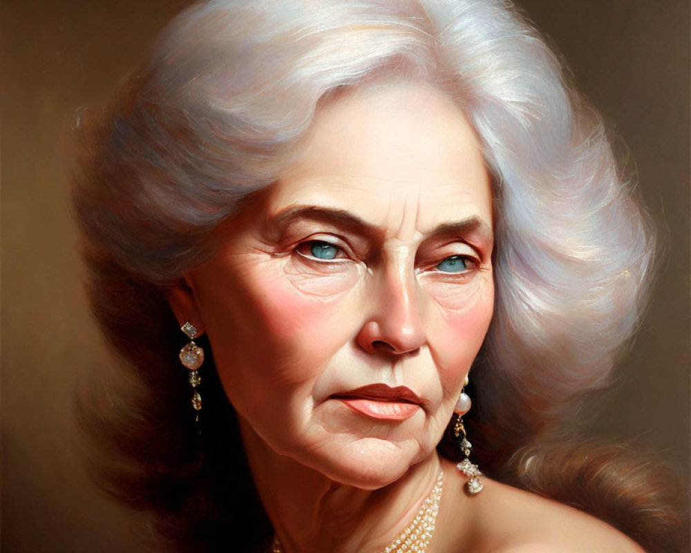Realistic portrait of elegant older woman with white hair and blue eyes