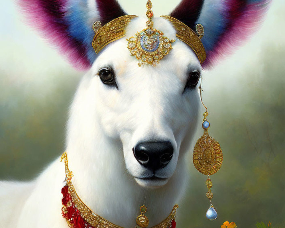 Digitally altered image of a bull terrier with colorful ears, gold jewelry, and flowers.