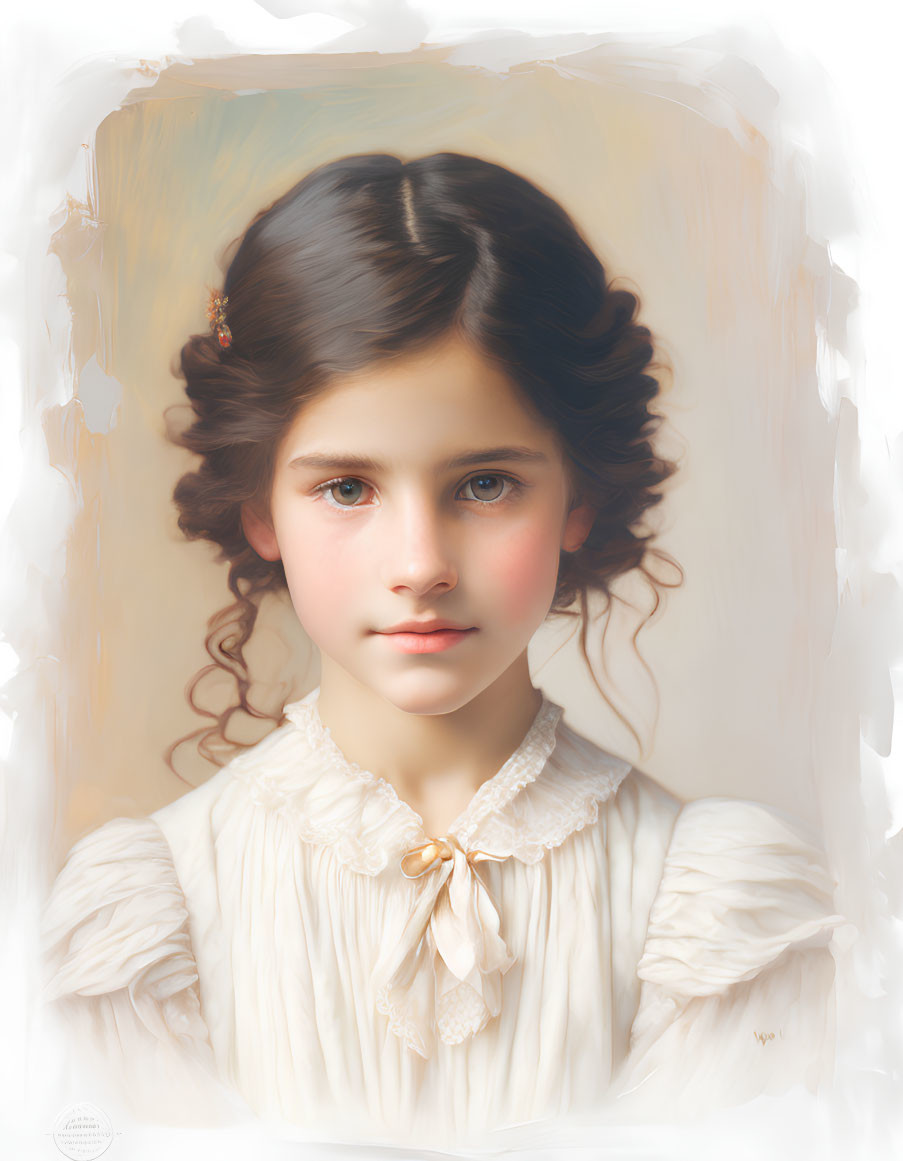 Young girl portrait with curly hair, rosy cheeks, vintage cream dress