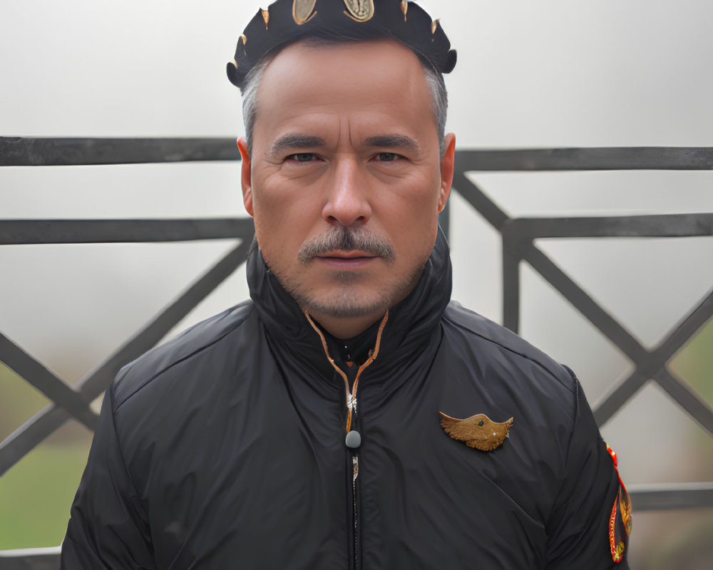 Man in Black Jacket and Traditional Hat with Golden Embellishments Standing in Misty Background